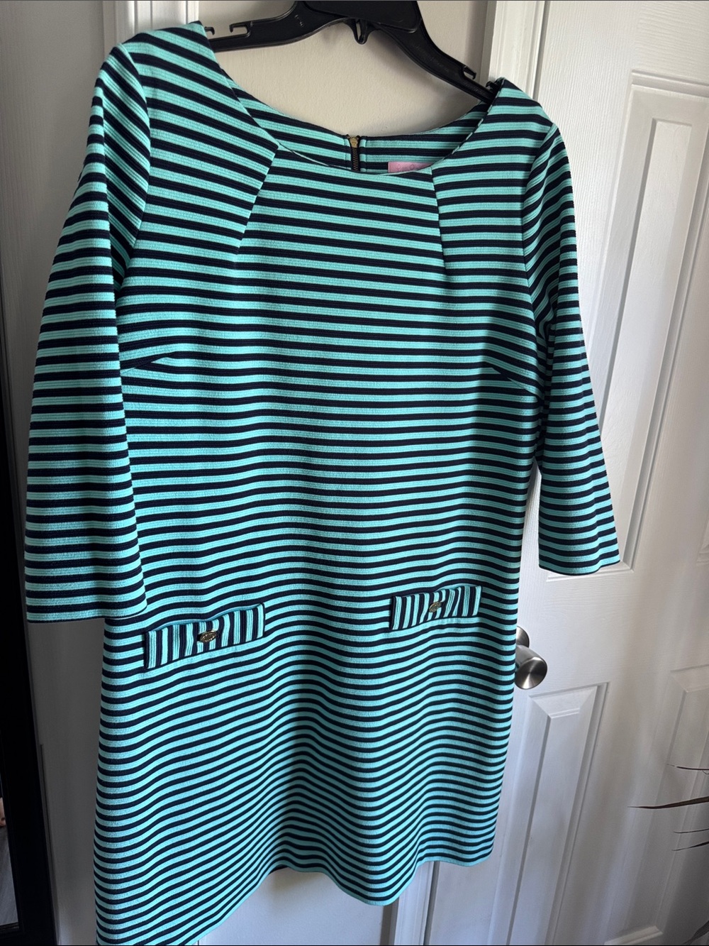 Lilly Pulitzer Aqua and Black Striped Boatneck Shift Dress
